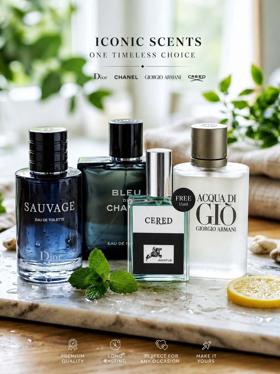 Signature Man Combo ( Dior Sauvage + Bleu De Chanel + Aqua Di Gio = 30 ML Each) + 15 ML Creed Aventus FREE