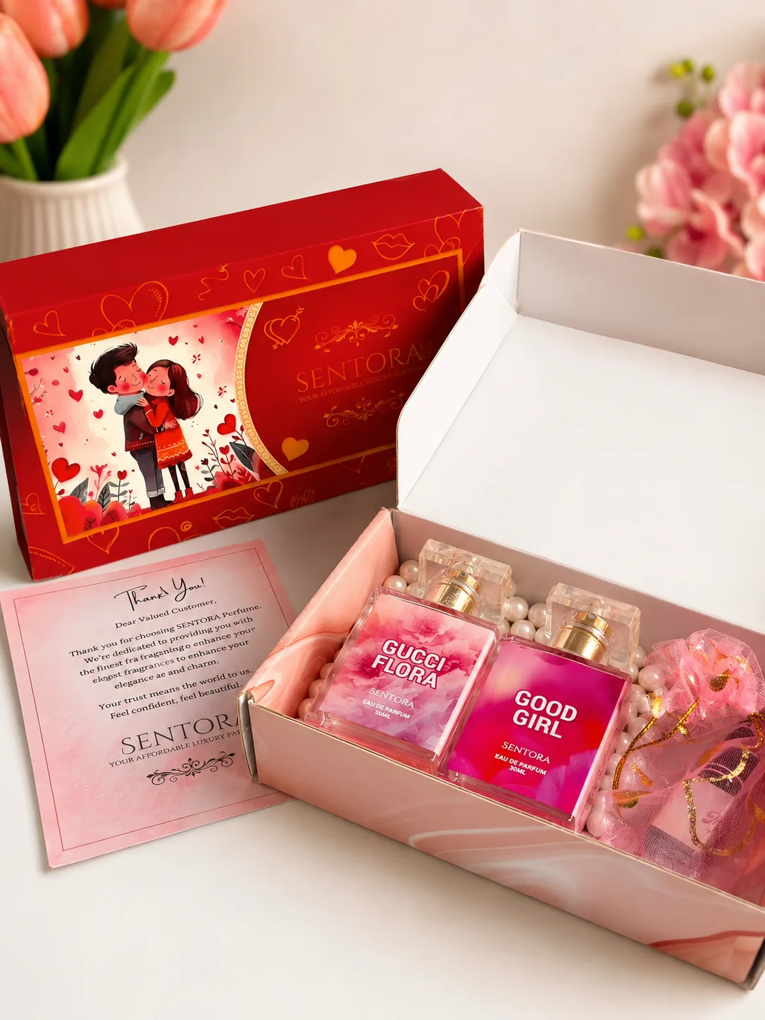 Lovespell Combo For Her ( Gucci Flora + Good Girl + Crimson Kiss Perfume Oil Free ) + Customized Letter + Gift Packaging